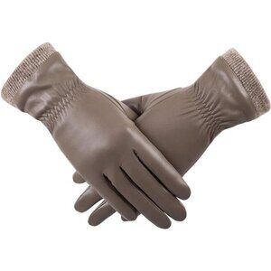 Tan Faux Leather Knit Winter Gloves‎ Wool Fleece Lined Warm Touchscreen Gloves